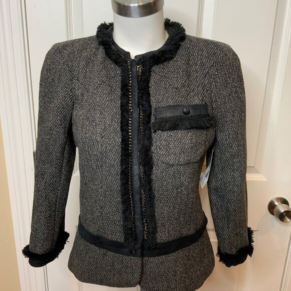MM Couture By Miss Me Gray Tweed W/ Silver Chain & Black Fringe Trim, Size 8 - Picture 1 of 5